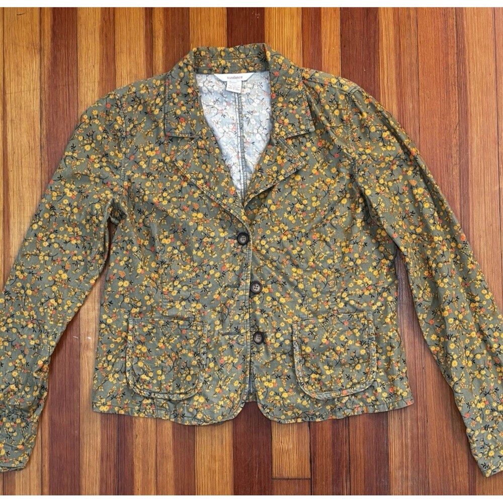 Sundance Floral Corduroy Blazer M Jacket Womens Green Yellow Cottage Core